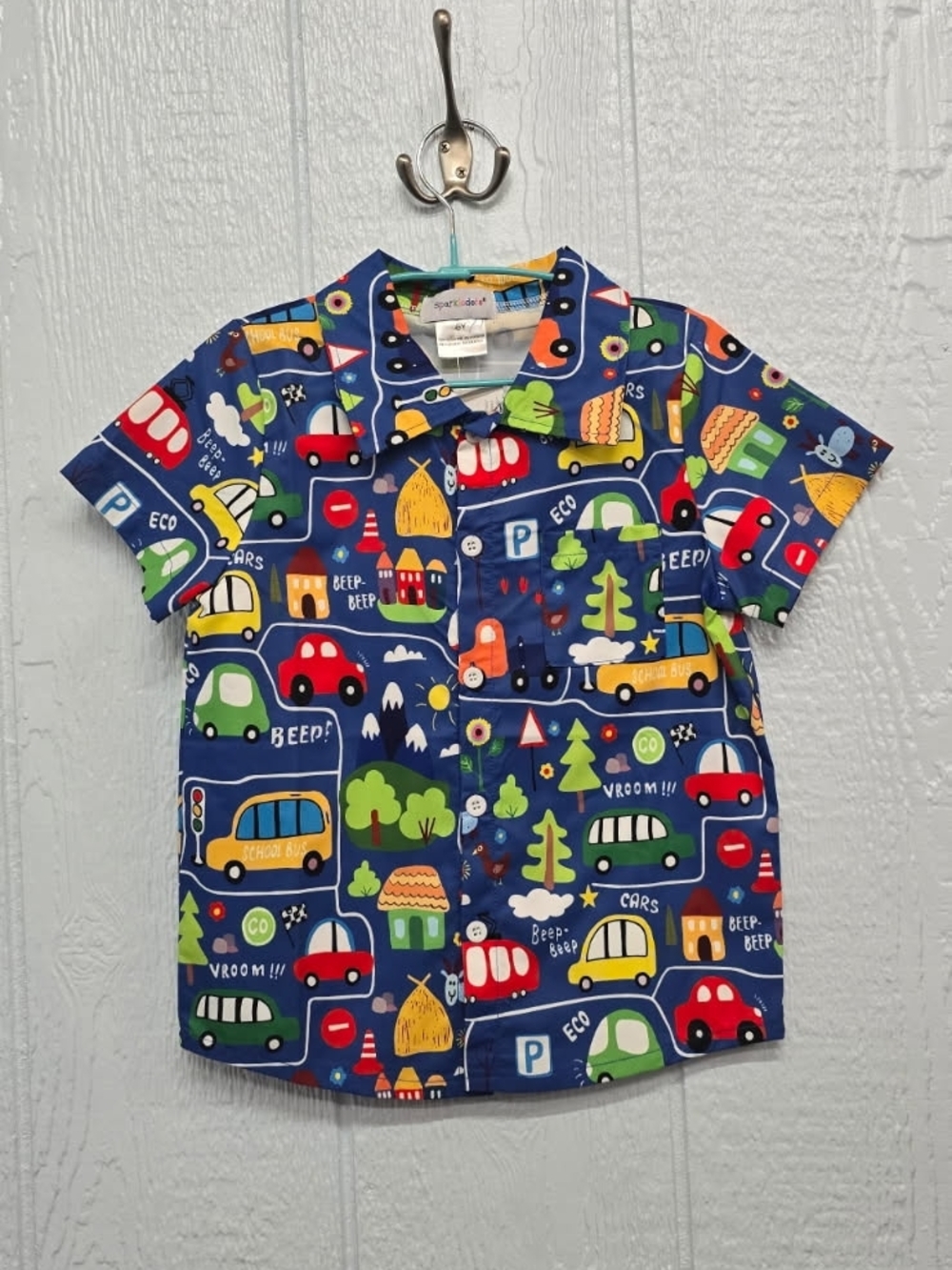 NWT Size 6 Blue Printed Cars Short Sleeve Shirt -